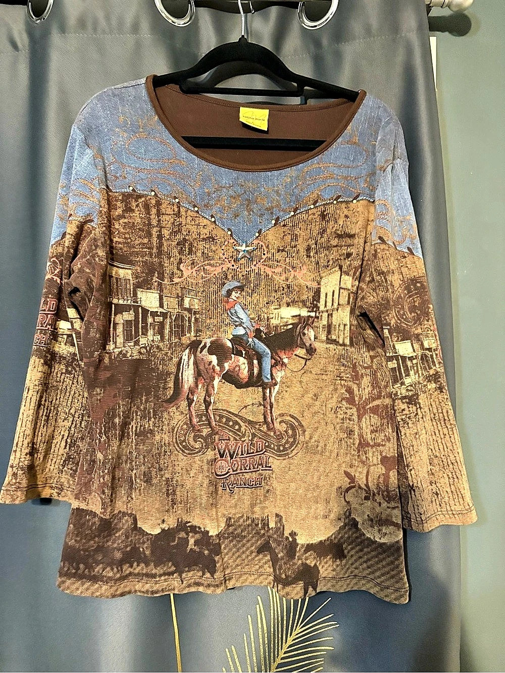 Katina Marie women’s L Brown Blue Western Cowgirl Graphic Studded Beaded Top